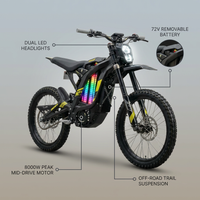 Electric Dirt Bike Built for Trail Adventures, 8000W Peak Motor, 75 Mile Range, Removable Battery — infographic